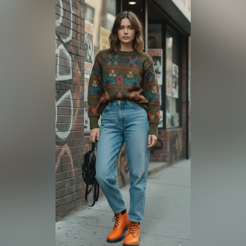 Meister 80s/90s Floral Patterned Green Sweater